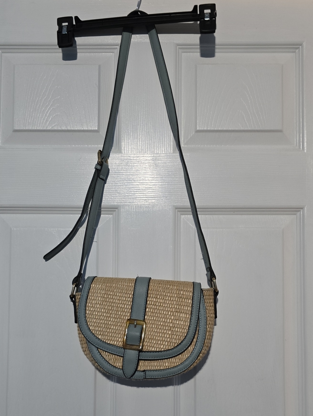 Woven Crossbody Bag with Light Blue Trim